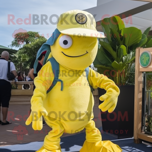 Lemon Yellow Medusa mascot costume character dressed with a Bermuda Shorts and Berets