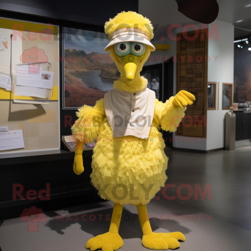 Lemon Yellow Ostrich mascot costume character dressed with a Overalls and Shawls Lemon Yellow Ostrich mascot costume character dressed with a Overalls and Shawls