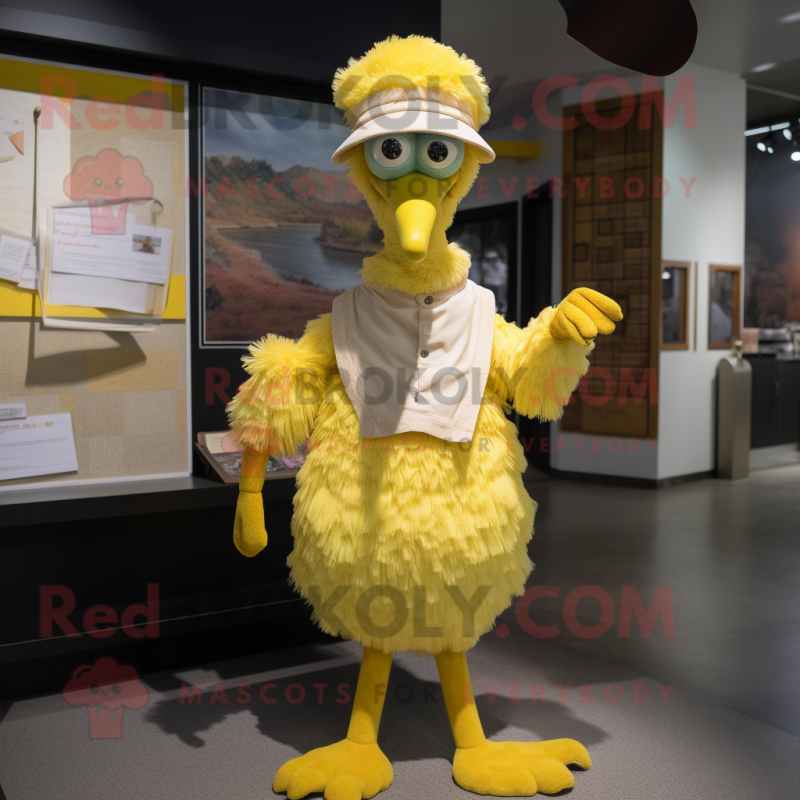 Lemon Yellow Ostrich mascot costume character dressed with a Overalls and Shawls