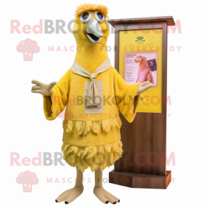 Lemon Yellow Ostrich mascot costume character dressed with a Overalls and Shawls