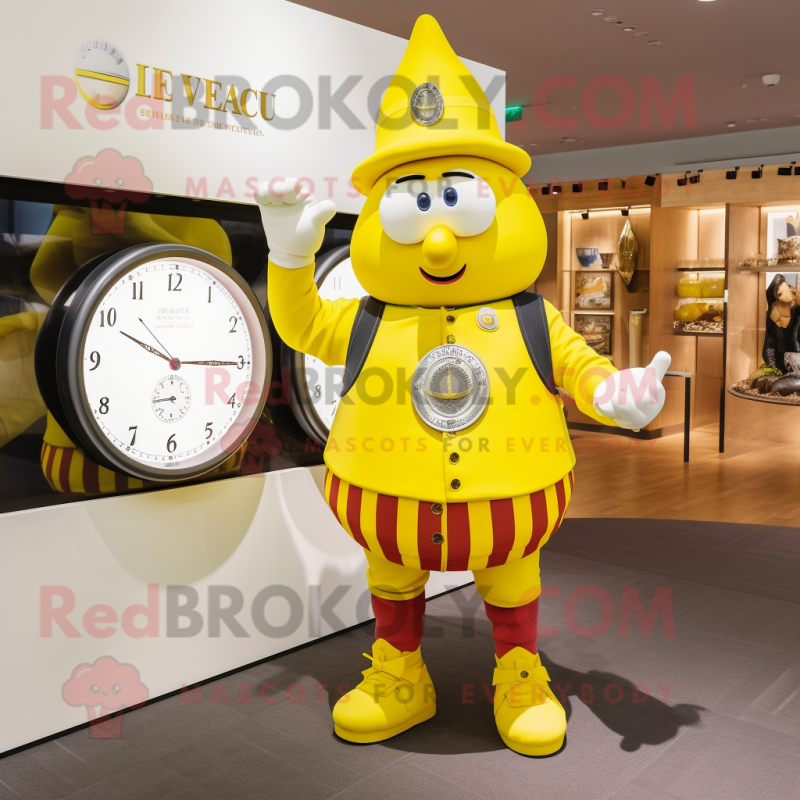 Lemon Yellow Swiss Guard mascot costume character dressed with a Bikini and Bracelet watches Lemon Yellow Swiss Guard mascot costume character dressed with a Bikini and Bracelet watches