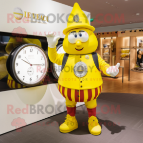 Lemon Yellow Swiss Guard mascot costume character dressed with a Bikini and Bracelet watches