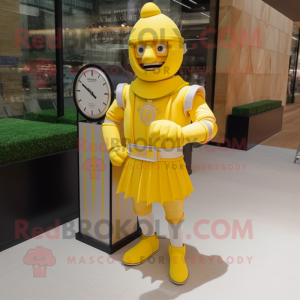 Lemon Yellow Swiss Guard mascot costume character dressed with a Bikini and Bracelet watches
