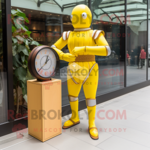 Lemon Yellow Swiss Guard mascot costume character dressed with a Bikini and Bracelet watches