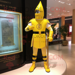 Lemon Yellow Swiss Guard mascot costume character dressed with a Bikini and Bracelet watches