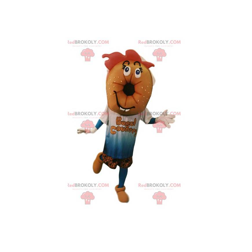 Mascote bagel com uma t-shirt e calções. Fantasia bagel - Mascote bagel com uma t-shirt e calções. Fantasia bagel -