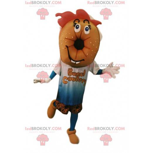 Mascote bagel com uma t-shirt e calções. Fantasia bagel -