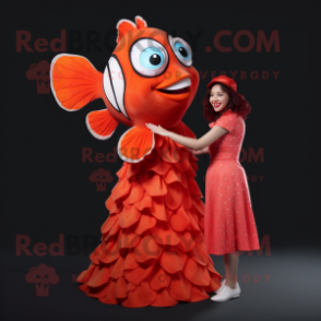 Red Clown Fish mascot costume character dressed with a A-Line Dress and Rings