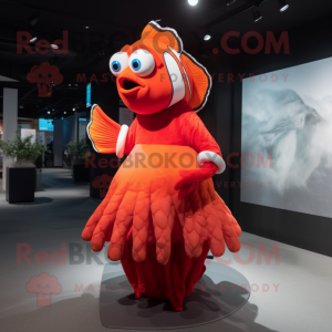 Red Clown Fish mascot costume character dressed with a A-Line Dress and Rings