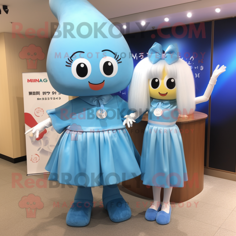 Sky Blue Miso Soup mascot costume character dressed with a Shift Dress and Hair clips