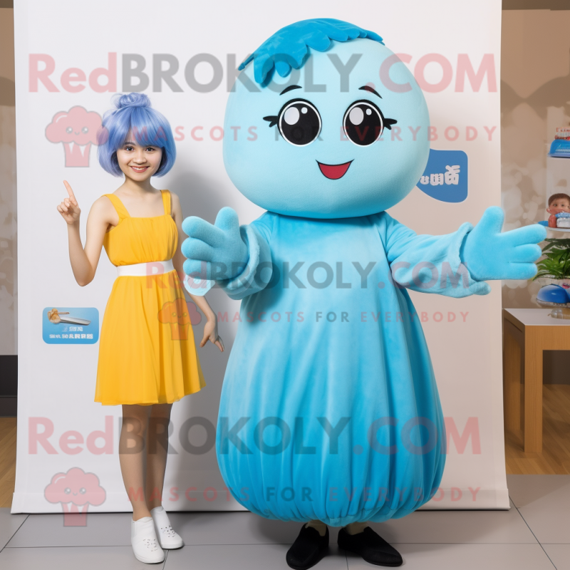 Sky Blue Miso Soup mascot costume character dressed with a Shift Dress and Hair clips