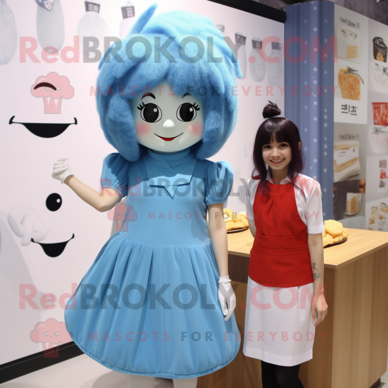 Sky Blue Miso Soup mascot costume character dressed with a Shift Dress and Hair clips