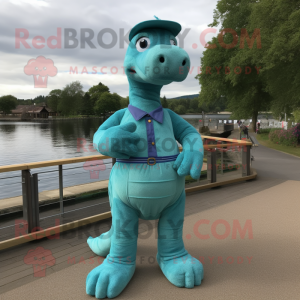 Turquoise Loch Ness Monster mascot costume character dressed with a Chinos and Belts