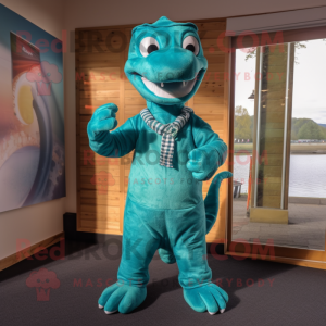 Turquoise Loch Ness Monster mascot costume character dressed with a Chinos and Belts