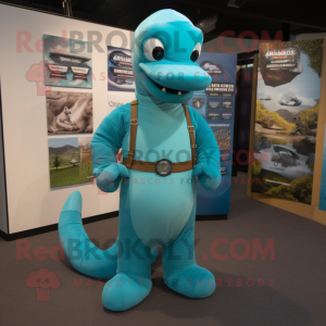 Turquoise Loch Ness Monster mascot costume character dressed with a Chinos and Belts