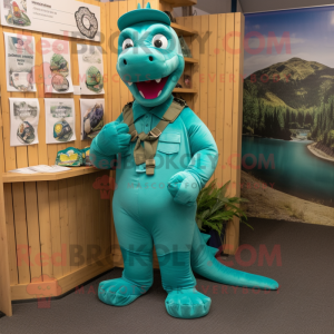 Turquoise Loch Ness Monster mascot costume character dressed with a Chinos and Belts