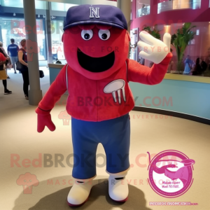 Magenta Baseball Glove mascot costume character dressed with a Denim Shorts and Bracelets
