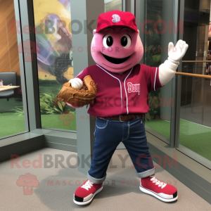 Magenta Baseball Glove mascot costume character dressed with a Denim Shorts and Bracelets