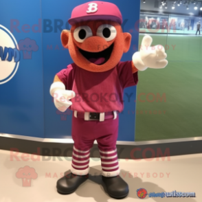 Magenta Baseball Glove mascot costume character dressed with a Denim Shorts and Bracelets