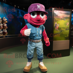 Magenta Baseball Glove mascot costume character dressed with a Denim Shorts and Bracelets