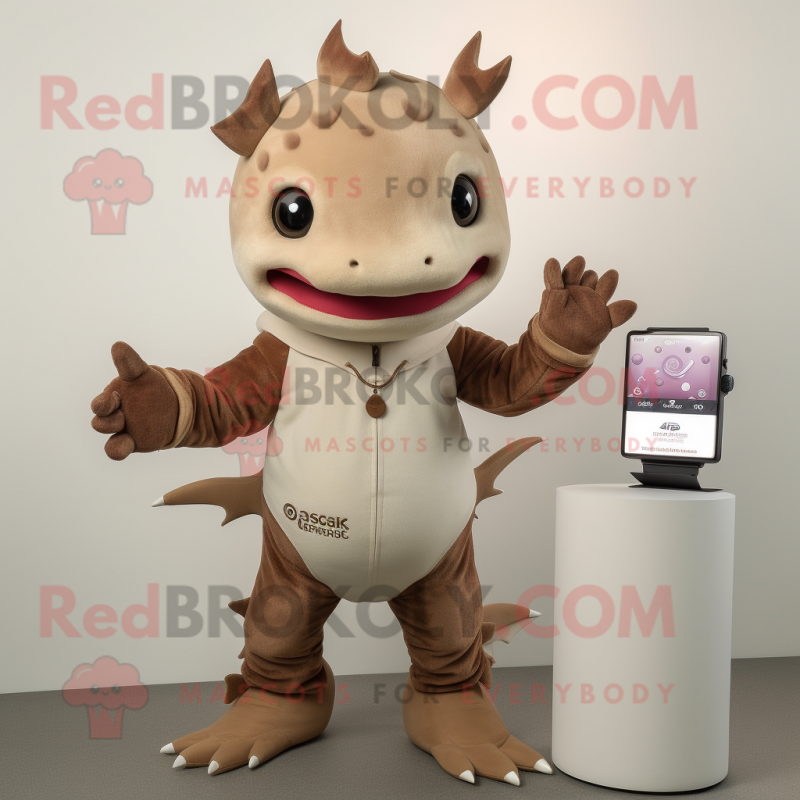 Brown Axolotls mascot costume character dressed with a Trousers and Smartwatches
