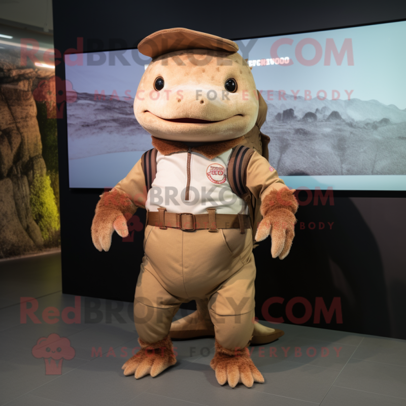 Brown Axolotls mascot costume character dressed with a Trousers and Smartwatches