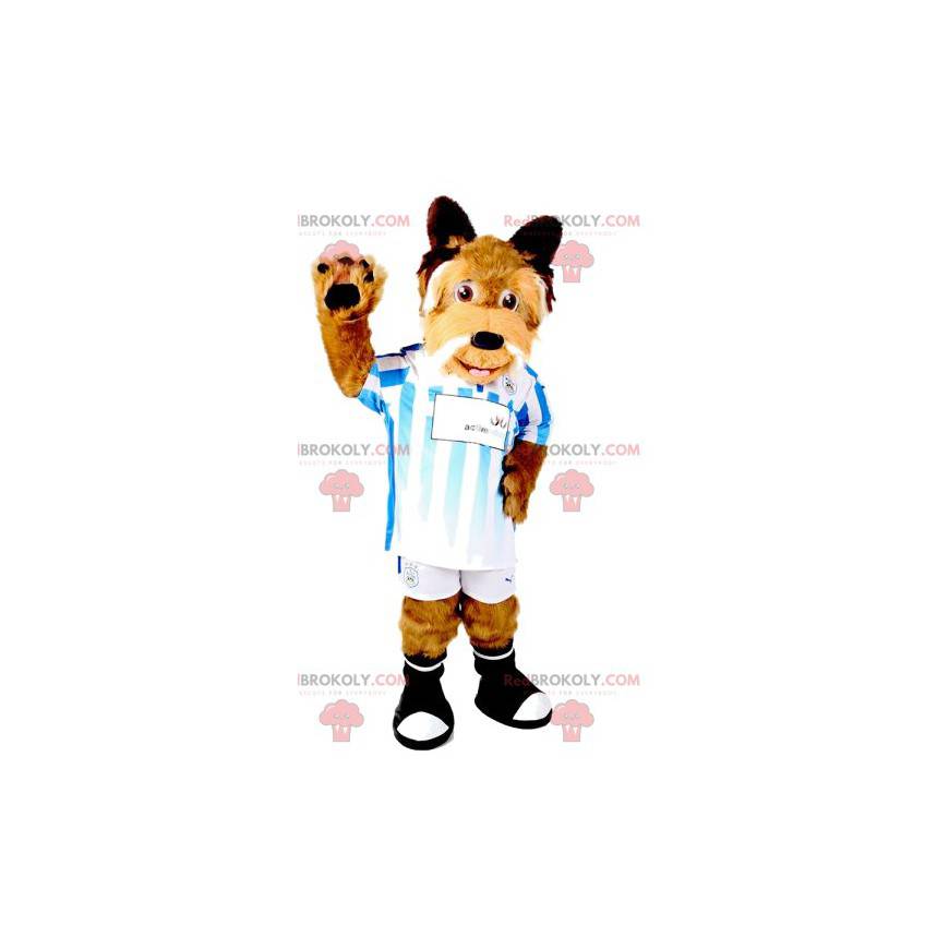 Brown dog mascot in sportswear. Dog costume - Redbrokoly.com
