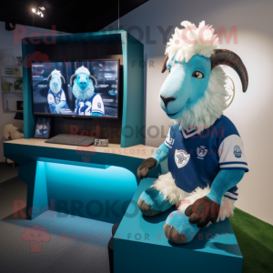 Cyan Angora Goat mascot costume character dressed with a Rugby Shirt and Watches