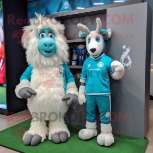 Cyan Angora Goat mascot costume character dressed with a Rugby Shirt and Watches