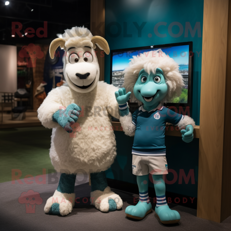 Cyan Angora Goat mascot costume character dressed with a Rugby Shirt and Watches Cyan Angora Goat mascot costume character dressed with a Rugby Shirt and Watches