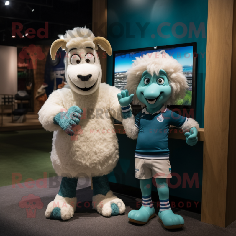 Cyan Angora Goat mascot costume character dressed with a Rugby Shirt and Watches