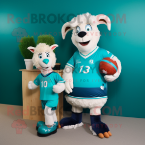 Cyan Angora Goat mascot costume character dressed with a Rugby Shirt and Watches