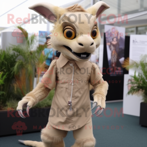 Beige Chupacabra mascot costume character dressed with a Mini Skirt and Lapel pins