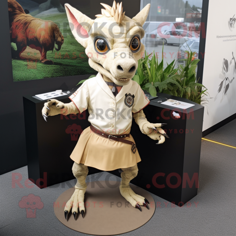 Beige Chupacabra mascot costume character dressed with a Mini Skirt and Lapel pins Beige Chupacabra mascot costume character dressed with a Mini Skirt and Lapel pins
