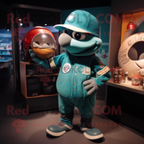 Teal American Football Helmet mascot costume character dressed with a Baseball Tee and Berets