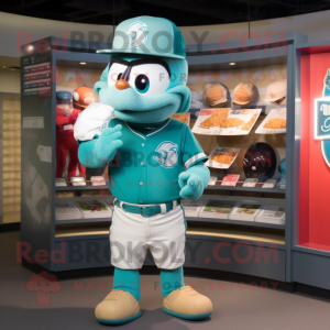 Teal American Football Helmet mascot costume character dressed with a Baseball Tee and Berets