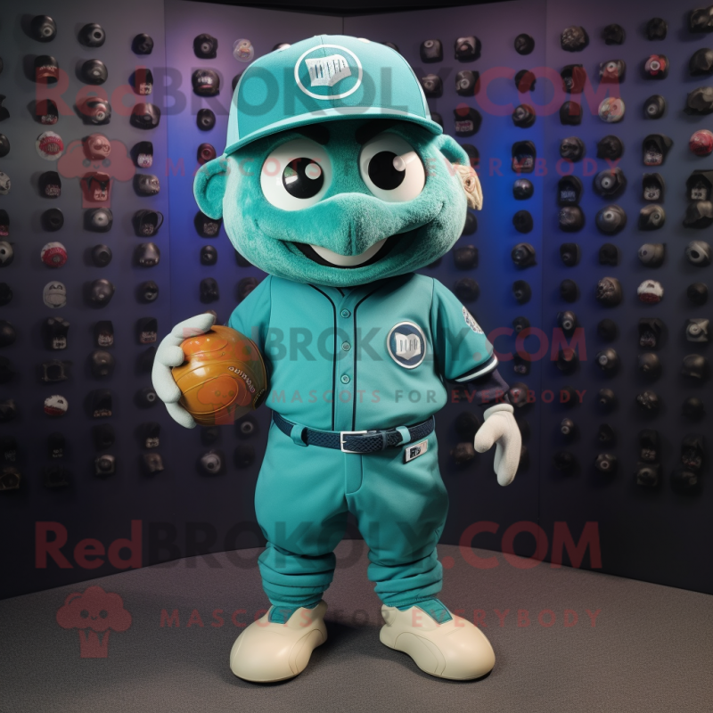 Teal American Football Helmet mascot costume character dressed with a Baseball Tee and Berets
