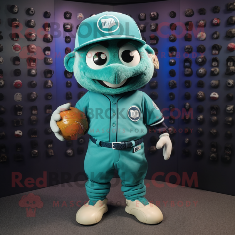 Teal American Football Helmet mascot costume character dressed with a Baseball Tee and Berets Teal American Football Helmet mascot costume character dressed with a Baseball Tee and Berets