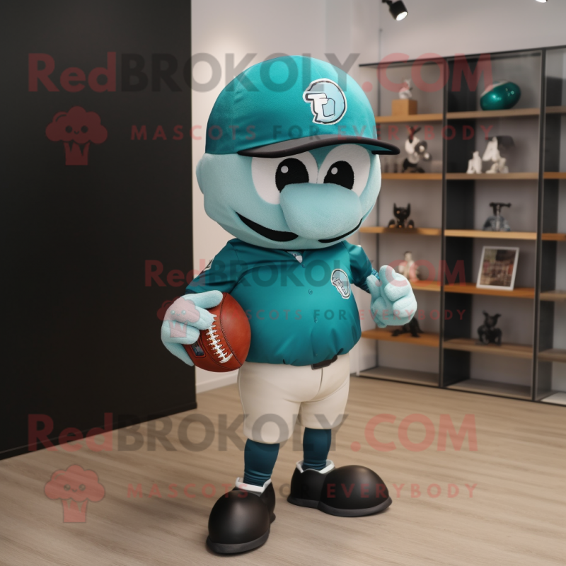 Teal American Football Helmet mascot costume character dressed with a Baseball Tee and Berets Teal American Football Helmet mascot costume character dressed with a Baseball Tee and Berets