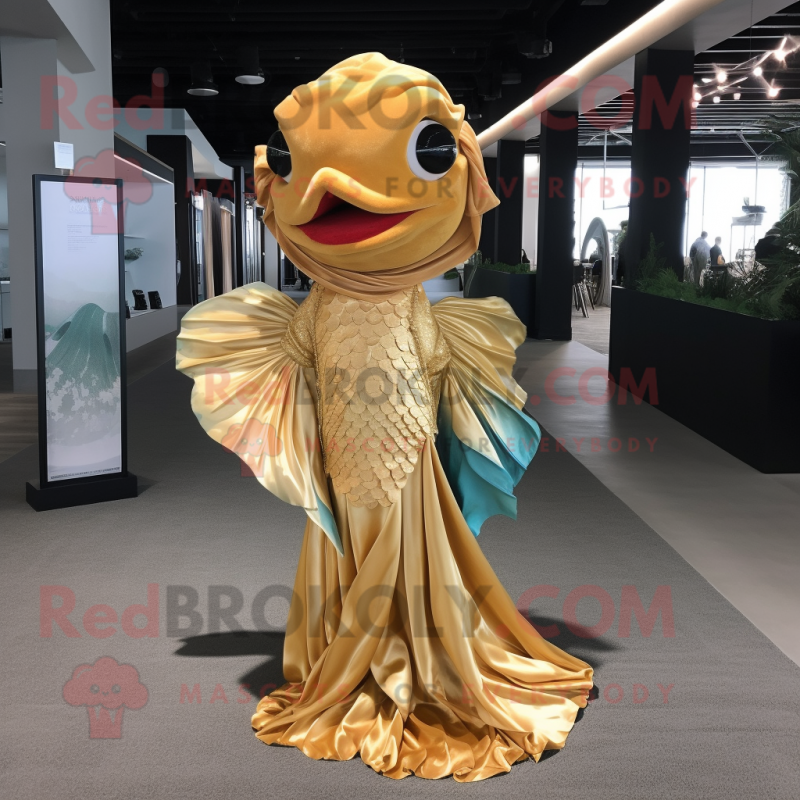 Gold Betta Fish mascot costume character dressed with a Dress Pants and Wraps