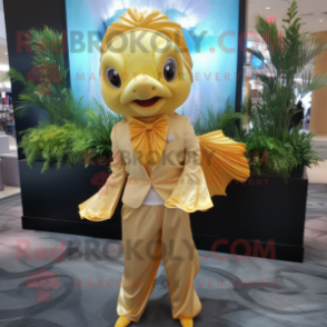 Gold Betta Fish mascot costume character dressed with a Dress Pants and Wraps