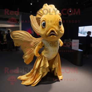 Gold Betta Fish mascot costume character dressed with a Dress Pants and Wraps