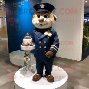 Navy Wedding Cake mascot costume character dressed with a Parka and Lapel pins