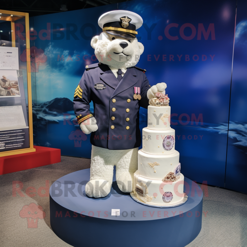 Navy Wedding Cake mascot costume character dressed with a Parka and Lapel pins Navy Wedding Cake mascot costume character dressed with a Parka and Lapel pins