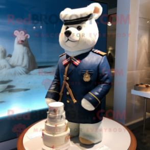 Navy Wedding Cake mascot costume character dressed with a Parka and Lapel pins