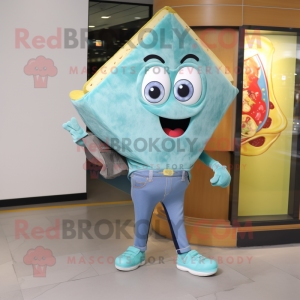 Turquoise Pizza Slice mascot costume character dressed with a Denim Shorts and Clutch bags