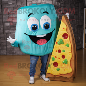 Turquoise Pizza Slice mascot costume character dressed with a Denim Shorts and Clutch bags