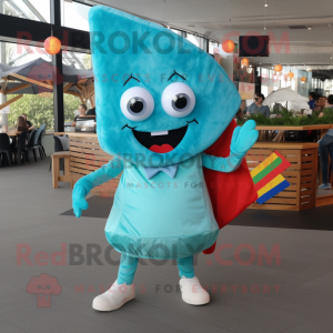 Turquoise Pizza Slice mascot costume character dressed with a Denim Shorts and Clutch bags