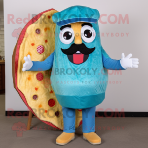 Turquoise Pizza Slice mascot costume character dressed with a Denim Shorts and Clutch bags