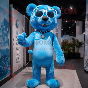 Sky Blue Panther mascot costume character dressed with a Playsuit and Eyeglasses